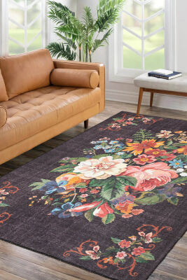 Outlet 150x150 Kare Soul Etnik Karabağ Desenli Dokuma Taban Dekoratif Siyah Halı AL-322 - 1