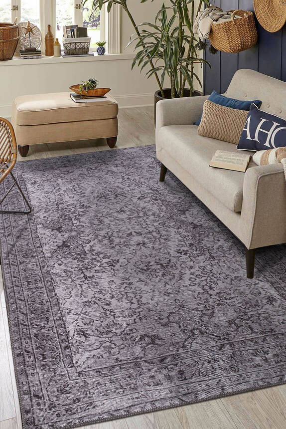 Outlet 150x230 Folk Eskitme Desenli Dokuma Taban Dekoratif Gri Halı BA-29 - 1