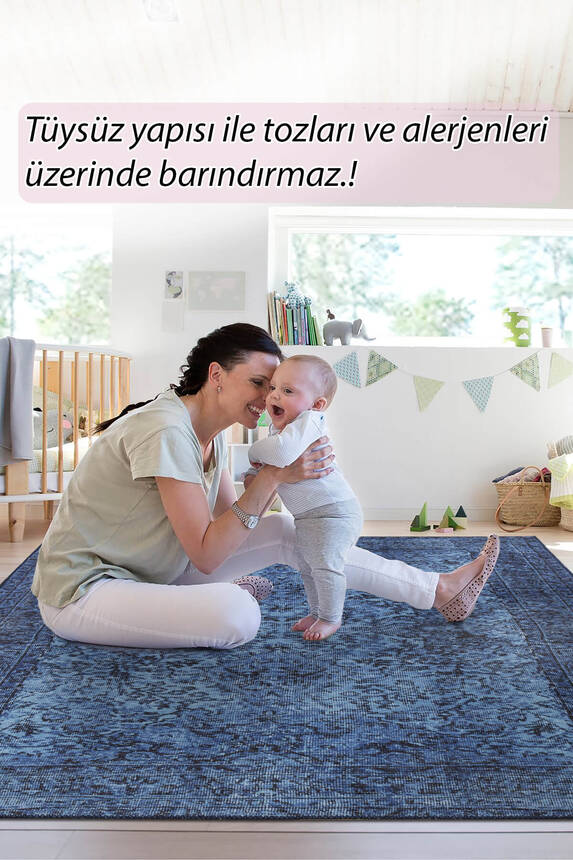 Outlet 150x230 Folk Eskitme Desenli Dokuma Taban Dekoratif Mavi Halı BA-44 - 8