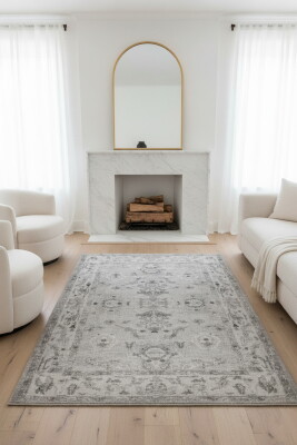 Outlet 150x230 Relic Gri Vintage Dokulu Klasik Desenli Dokuma Tabanlı Şönil Halı AL-509 - Artloop