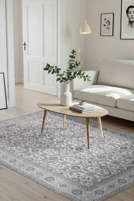 Outlet 150x230 Stonart Eskitme Vintage Desenli Bej/Gri Otantik Yıkanabilir Şönil Halı AL-443 - 1