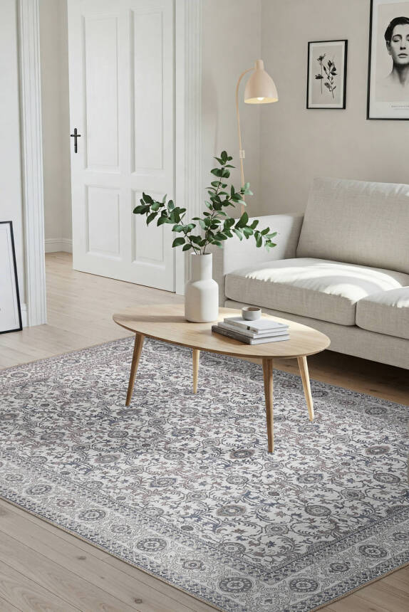 Outlet 150x230 Stonart Eskitme Vintage Desenli Bej/Gri Otantik Yıkanabilir Şönil Halı AL-443 - 1