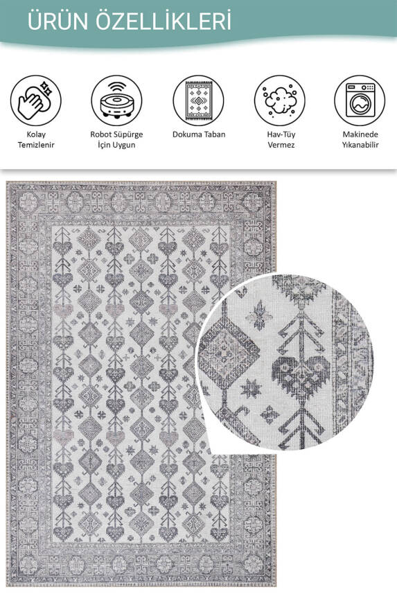 Outlet 150x230 Stonart Eskitme Vintage Desenli Bej/Gri Otantik Yıkanabilir Şönil Halı AL-448 - 4