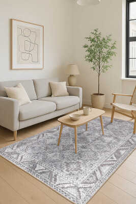 Outlet 150x230 Stonart Eskitme Vintage Desenli Gri Otantik Yıkanabilir Şönil Halı AL-445 - Artloop