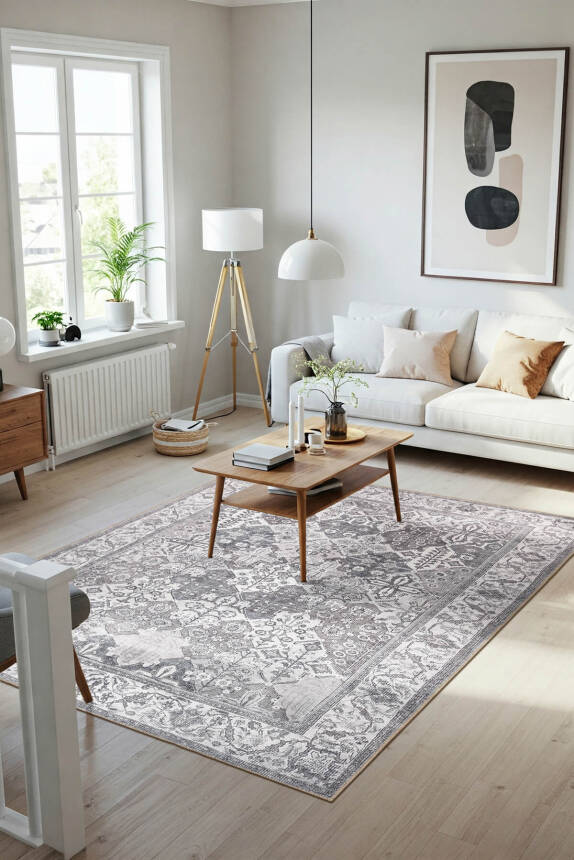 Outlet 150x230 Stonart Eskitme Vintage Desenli Gri Otantik Yıkanabilir Şönil Halı AL-446 - 1