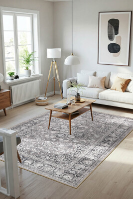 Outlet 150x230 Stonart Eskitme Vintage Desenli Gri Otantik Yıkanabilir Şönil Halı AL-451 - 1