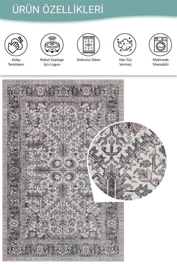 Outlet 150x230 Stonart Eskitme Vintage Desenli Gri Otantik Yıkanabilir Şönil Halı AL -453 - 4