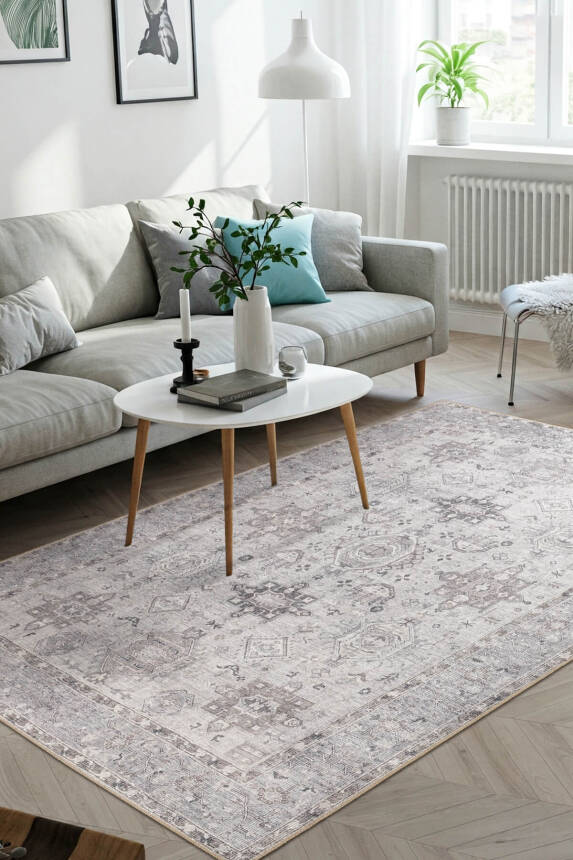 Outlet 150x230 Stonart Eskitme Vintage Desenli Gri Otantik Yıkanabilir Şönil Halı AL-461 - 1