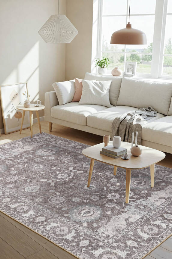 Outlet 150x230 Stonart Eskitme Vintage Desenli Kahverengi Otantik Yıkanabilir Şönil Halı AL-454 - 1
