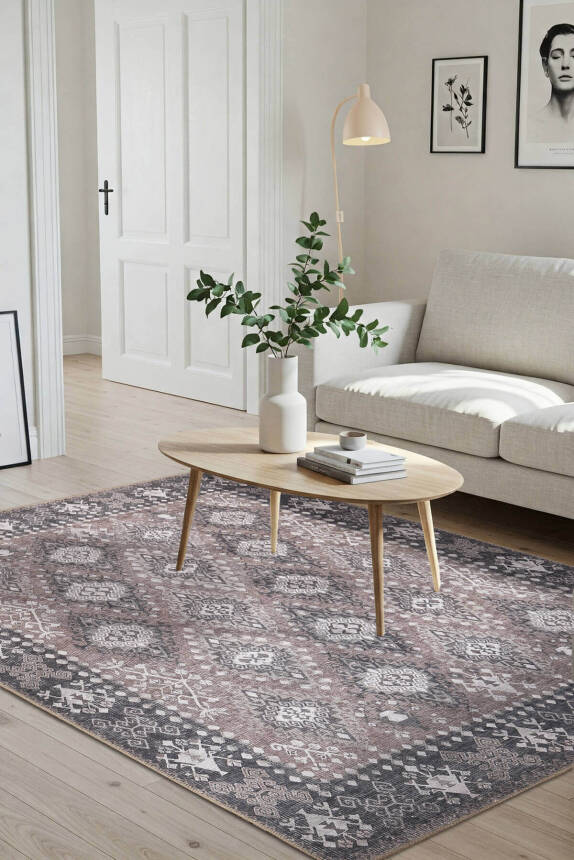 Outlet 150x230 Stonart Eskitme Vintage Desenli Kahverengi Otantik Yıkanabilir Şönil Halı AL-464 - 1