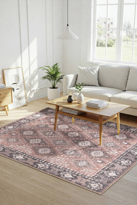 Outlet 150x230 Stonart Eskitme Vintage Desenli Pudra Otantik Yıkanabilir Şönil Halı AL-465 - 1