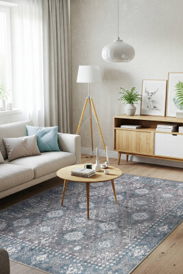 Outlet 150x230 Stonart Eskitme Vintage Desenli Yeşil Otantik Yıkanabilir Şönil Halı AL-466 - 1
