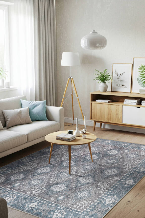 Outlet 150x230 Stonart Eskitme Vintage Desenli Yeşil Otantik Yıkanabilir Şönil Halı AL-466 - 1