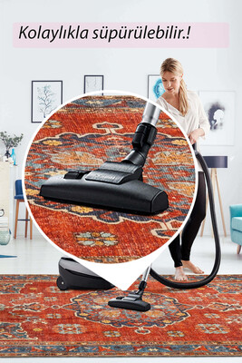 Outlet 200X200 Daire Artloop Fuga Yumuşak Dokulu Kırmızı Vintage Desenli Halı KA-34 - 8