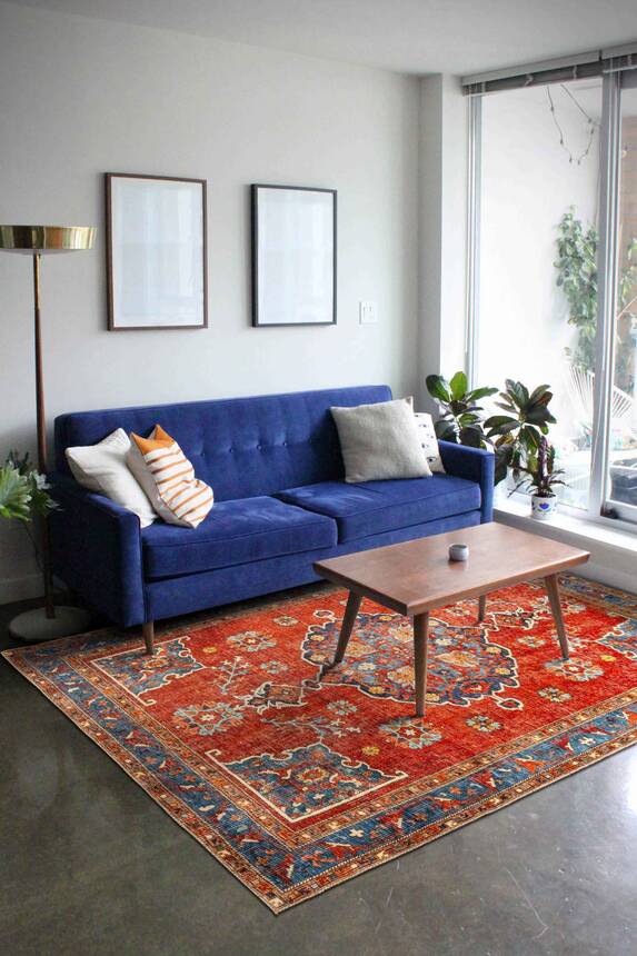 Outlet 200X200 Daire Artloop Fuga Yumuşak Dokulu Kırmızı Vintage Desenli Halı KA-34 - 1