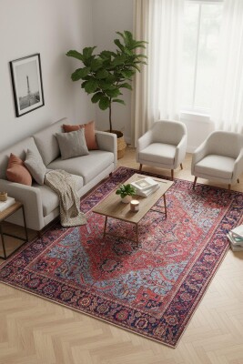 Outlet 210x210 Daire Blues Vintage Desenli Dokuma Taban Dekoratif Bordo Halı AL-162 - 1