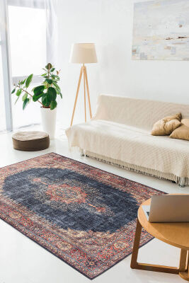 Outlet 210x210 Daire Blues Vintage Desenli Dokuma Taban Dekoratif Lacivert Halı AL-26 - 1