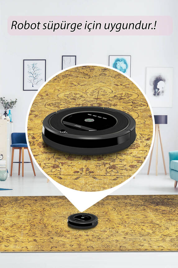 Outlet 210x210 Kare Blues Vintage Desenli Dokuma Taban Dekoratif Sarı Halı AL-24 - 6