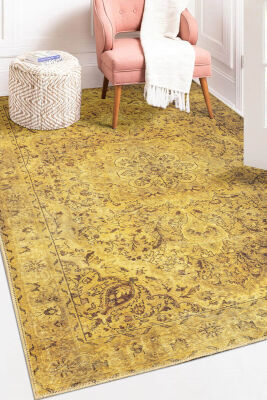 Outlet 210x210 Kare Blues Vintage Desenli Dokuma Taban Dekoratif Sarı Halı AL-24 - Artloop