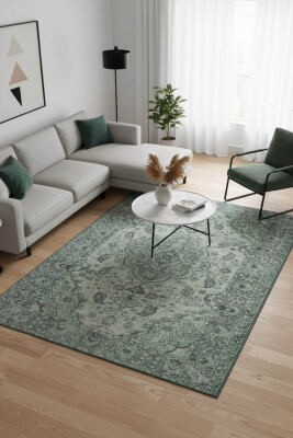 Outlet 210x210 Kare Blues Vintage Desenli Dokuma Taban Dekoratif Yeşil Halı AL-139 - Artloop