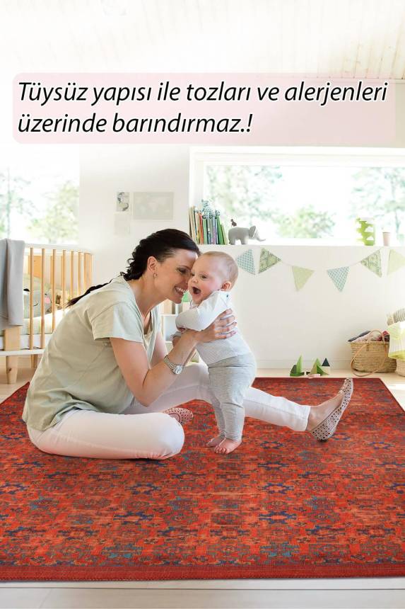 Outlet 210x210 Kare Dorian Eskitme Desenli Dokuma Taban Dekoratif Kırmızı Halı AL-227 - 7