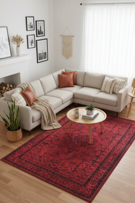 Outlet 210x210 Kare Dorian Eskitme Desenli Dokuma Taban Dekoratif Kırmızı Halı AL-29 - Artloop