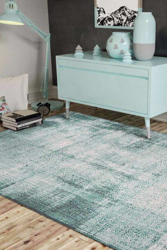 Outlet 210x210 Kare Dorian Eskitme Desenli Dokuma Taban Dekoratif Yeşil Halı AL-223 - 1