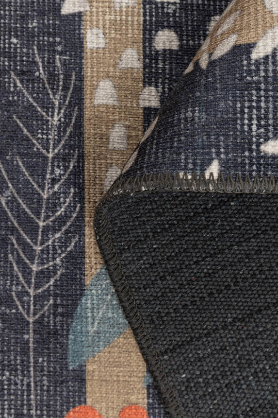 Outlet 210x210 Kare Florart Lacivert / Turuncu Doğa Temalı Çiçekli Dokuma Tabanlı Modern Şönil Halı AL-480 - 5