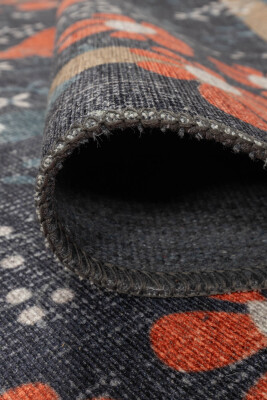 Outlet 210x210 Kare Florart Lacivert / Turuncu Doğa Temalı Çiçekli Dokuma Tabanlı Modern Şönil Halı AL-480 - 6