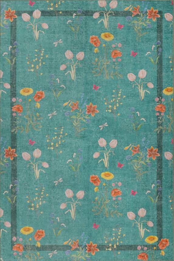 Outlet 210x210 Kare Florart Turkuaz / Turuncu Doğa Temalı Çiçekli Dokuma Tabanlı Modern Şönil Halı AL-491 - 2