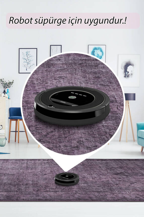 Outlet 210x210 Kare Folk Eskitme Desenli Dokuma Taban Dekoratif Mor Halı BA-28 - 6