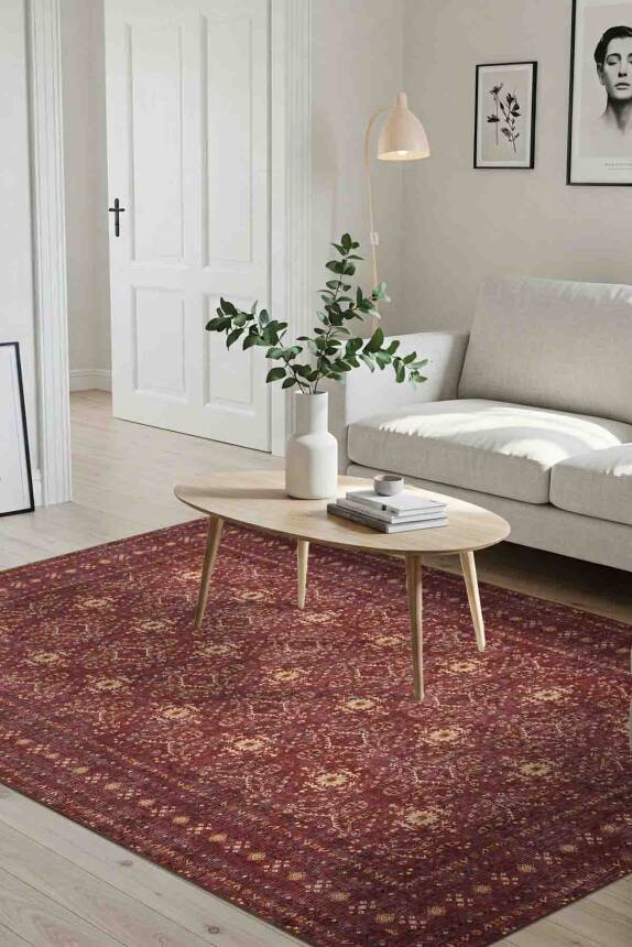 Outlet 210x210 Kare Relic Bordo Vintage Dokulu Geleneksel Desenli Dokuma Tabanlı Şönil Halı AL-477 - 1