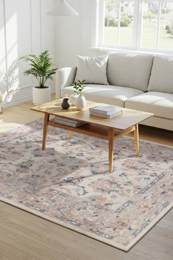 Outlet 210x210 Kare Relic Krem Vintage Dokulu Klasik Desenli Dokuma Tabanlı Şönil Halı AL-512 - 1