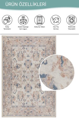 Outlet 210x210 Kare Relic Krem Vintage Dokulu Klasik Desenli Dokuma Tabanlı Şönil Halı AL-512 - 4