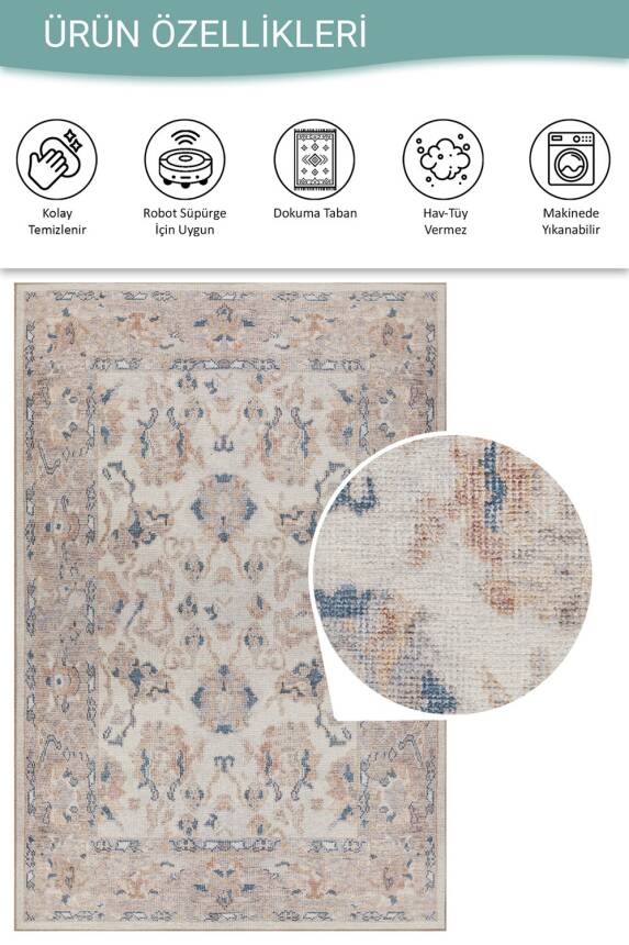 Outlet 210x210 Kare Relic Krem Vintage Dokulu Klasik Desenli Dokuma Tabanlı Şönil Halı AL-512 - 4