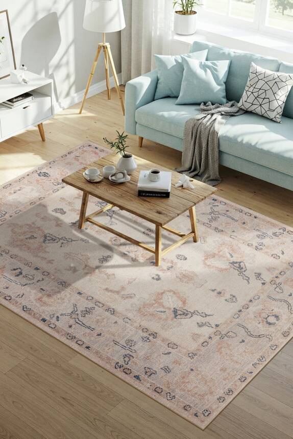 Outlet 210x210 Kare Relic Krem / Pudra Vintage Dokulu Klasik Desenli Dokuma Tabanlı Şönil Halı AL-510 - 1