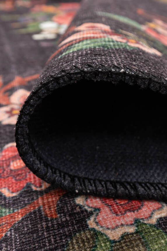 Outlet 210x210 Kare Soul Etnik Karabağ Çiçek Desenli Dokuma Taban Dekoratif Siyah Halı AL-322 - 4