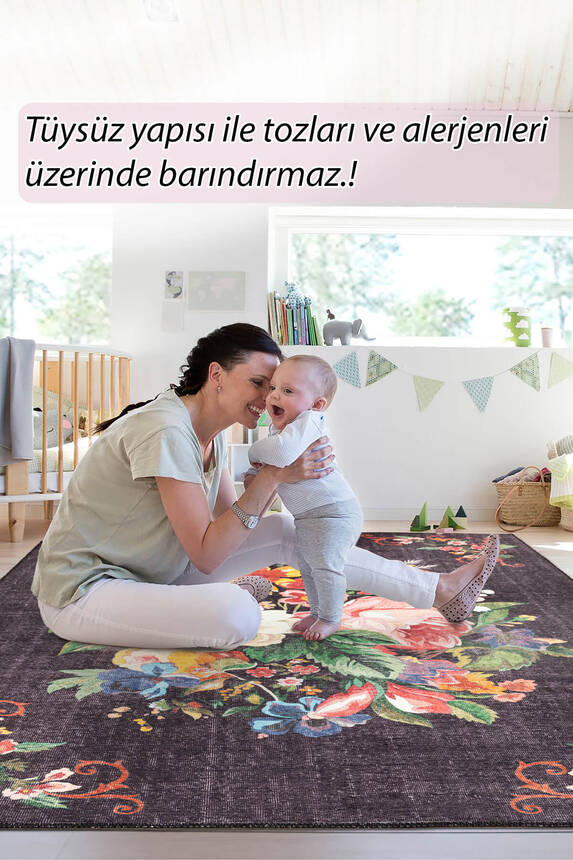 Outlet 210x210 Kare Soul Etnik Karabağ Çiçek Desenli Dokuma Taban Dekoratif Siyah Halı AL-322 - 8