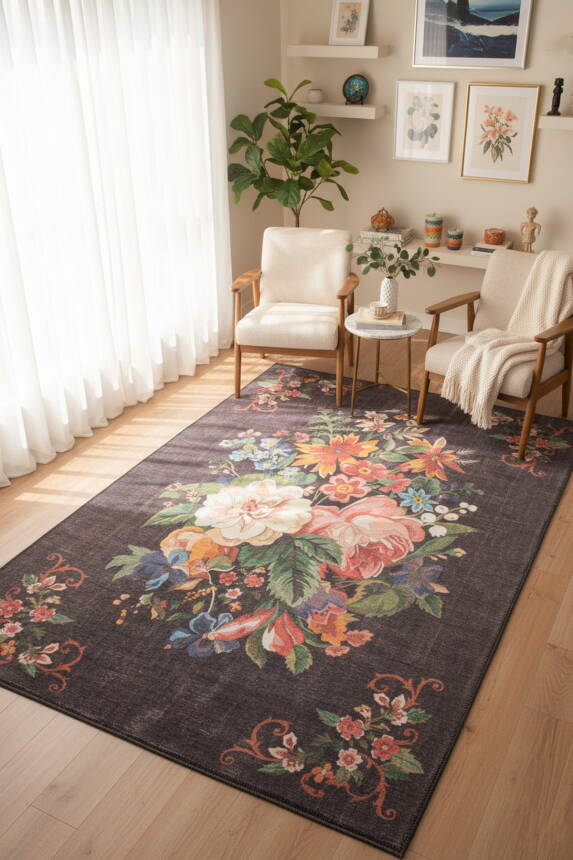 Outlet 210x210 Kare Soul Etnik Karabağ Çiçek Desenli Dokuma Taban Dekoratif Siyah Halı AL-322 - 1