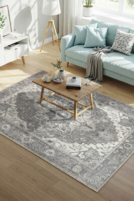 Outlet 210x210 Kare Stonart Eskitme Vintage Desenli Açık Gri Otantik Yıkanabilir Şönil Halı AL-450 - Artloop