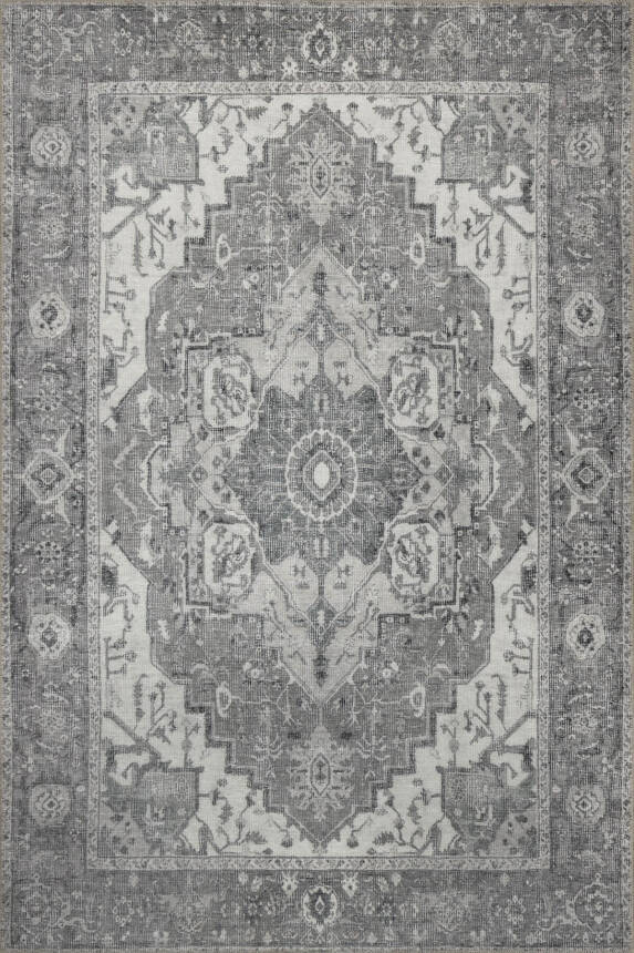 Outlet 210x210 Kare Stonart Eskitme Vintage Desenli Açık Gri Otantik Yıkanabilir Şönil Halı AL-450 - 2