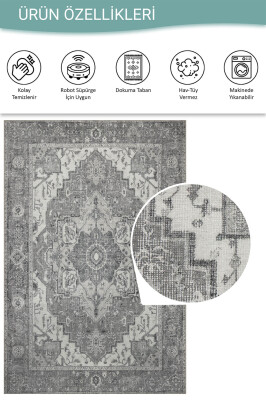 Outlet 210x210 Kare Stonart Eskitme Vintage Desenli Açık Gri Otantik Yıkanabilir Şönil Halı AL-450 - 4