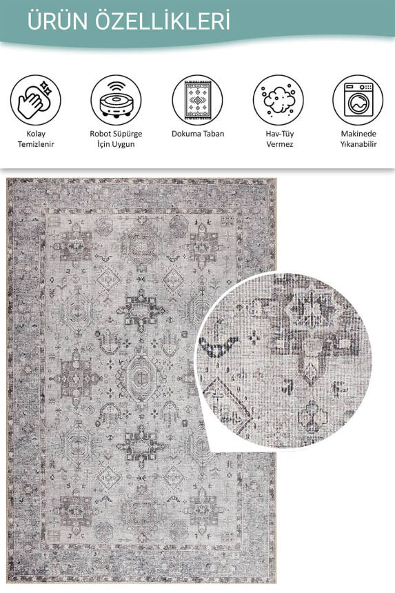 Outlet 210x210 Kare Stonart Eskitme Vintage Desenli Gri Otantik Yıkanabilir Şönil Halı AL-461 - 4