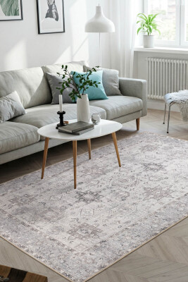 Outlet 210x310 Stonart Eskitme Vintage Desenli Gri Otantik Yıkanabilir Şönil Halı AL-461 - Artloop