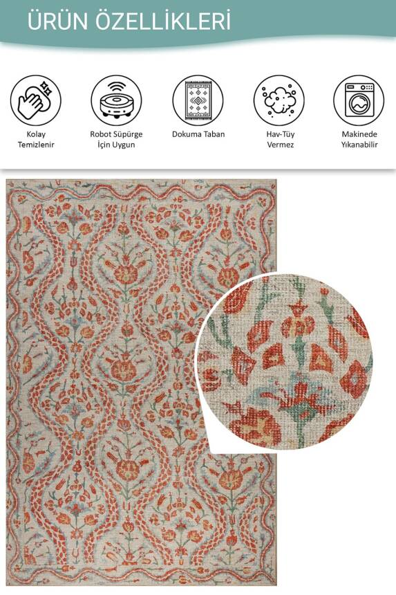 Outlet 230x230 Daire Nora Krem / Turuncu Çiçekli Dokuma Tabanlı Modern Şönil Halı AL-490 - 4