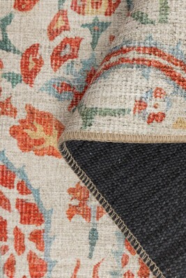 Outlet 230x230 Daire Nora Krem / Turuncu Çiçekli Dokuma Tabanlı Modern Şönil Halı AL-490 - 5