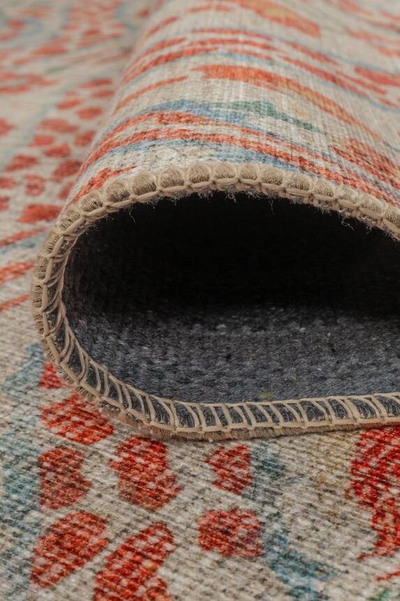 Outlet 230x230 Daire Nora Krem / Turuncu Çiçekli Dokuma Tabanlı Modern Şönil Halı AL-490 - 6