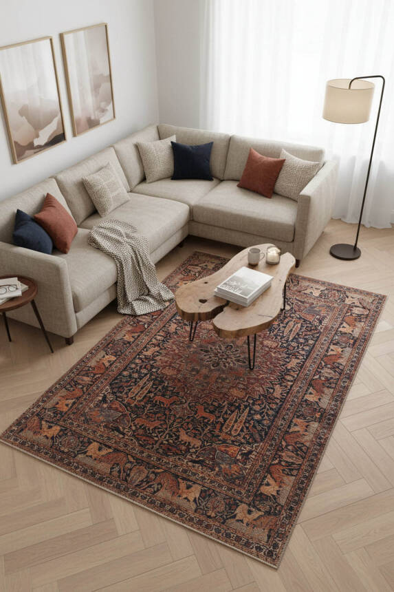 Outlet 230x230 Kare Blues Vintage Desenli Dokuma Taban Dekoratif Kahverengi Halı AL-425 - 1