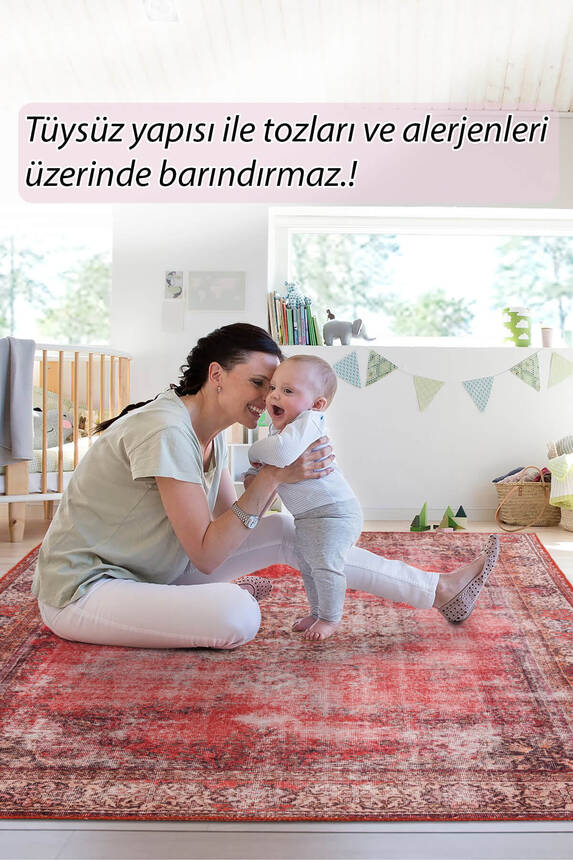 Outlet 230x230 Kare Blues Vintage Desenli Dokuma Taban Dekoratif Kırmızı Halı AL-119 - 8