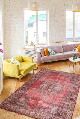 Outlet 230x230 Kare Blues Vintage Desenli Dokuma Taban Dekoratif Kırmızı Halı AL-119 - Artloop